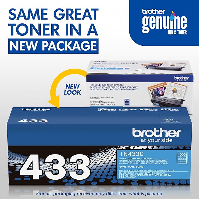 Brother Genuine High Yield Toner Cartridge, TN433C, Replacement Cyan Toner