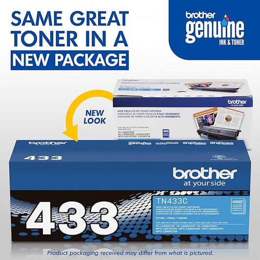 Brother Genuine High Yield Toner Cartridge, TN433C, Replacement Cyan Toner