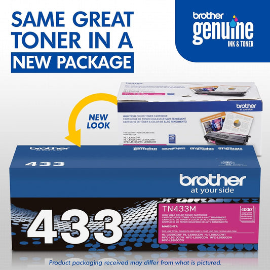 Brother Genuine High Yield Toner Cartridge, TN433M, Replacement Magenta Toner